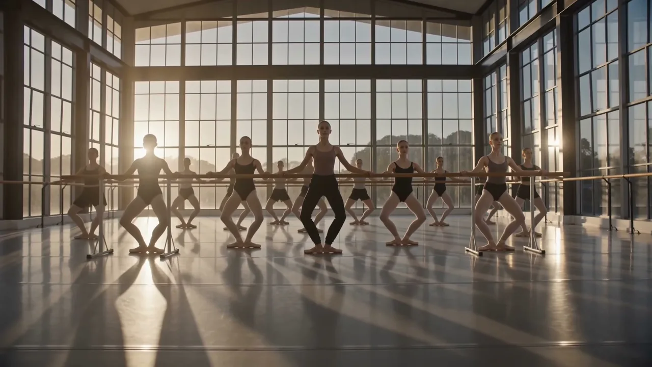 A graded ballet class at the barre, backlit by the studio’s steel-framed windows at sunrise