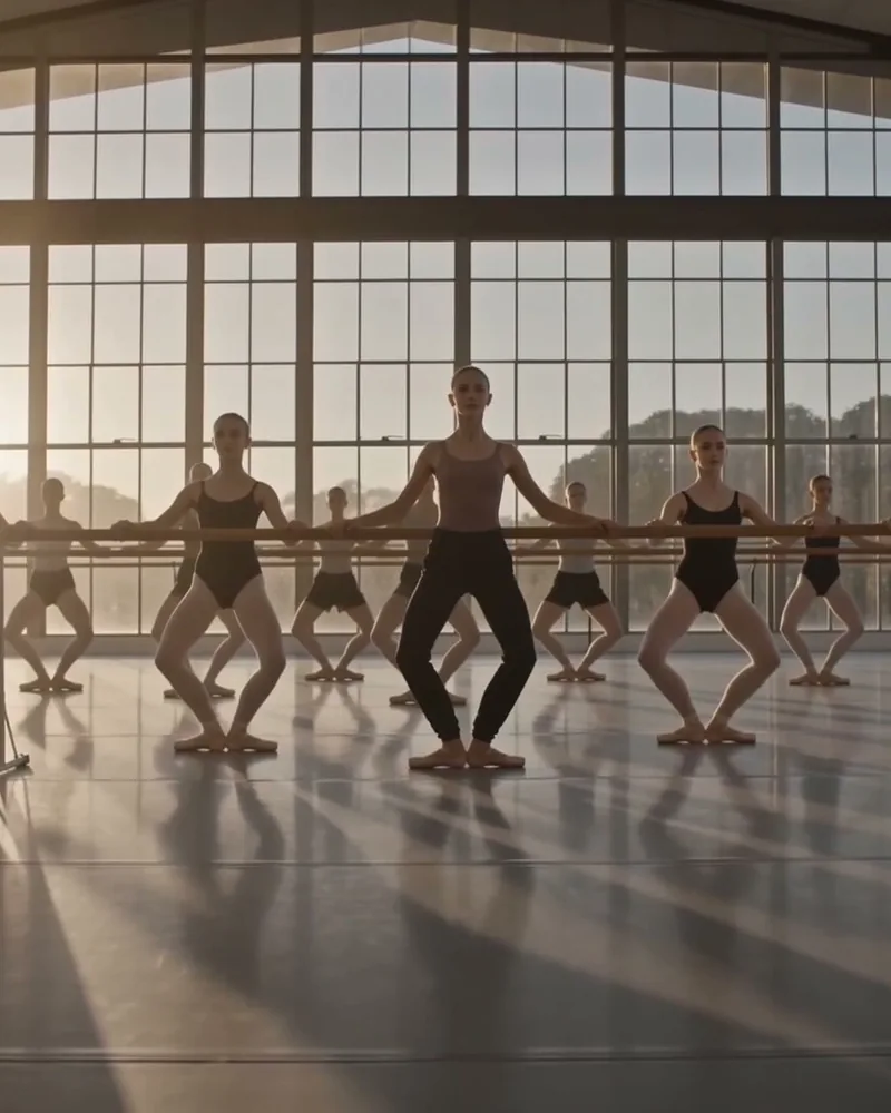 A graded ballet class at the barre, backlit by the studio’s steel-framed windows at sunrise, framed tall