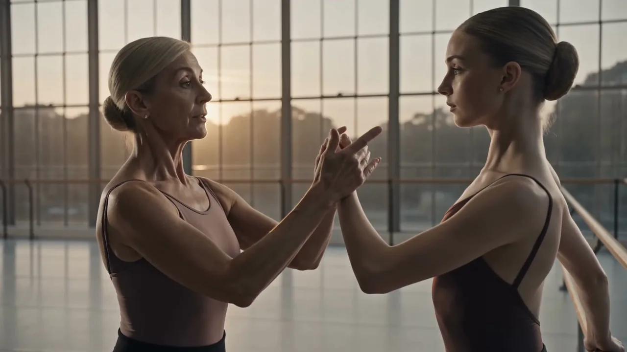Marina Doyle correcting a dancer’s wrist and hand position, hands almost touching