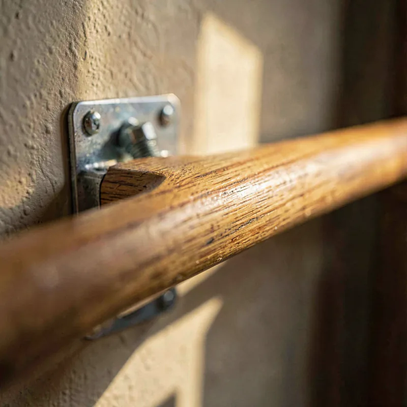 Macro detail of a timber ballet barre rail bolted to a steel wall bracket, warm light raking across the wood grain