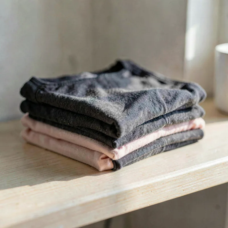 A small stack of folded charcoal and blush leotards on a pale wooden shelf