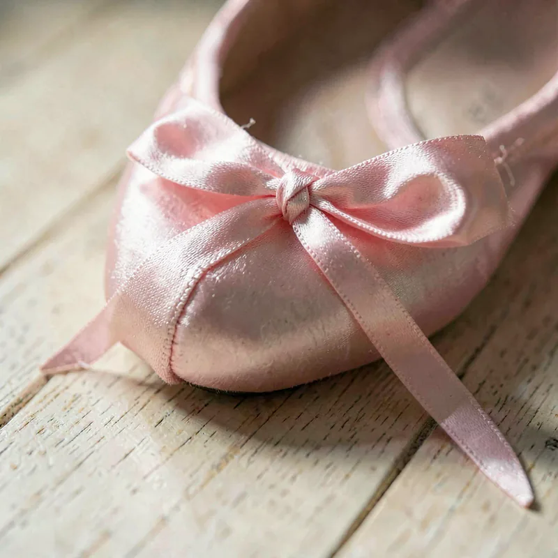 Macro detail of a pink satin ballet shoe with its ribbon tied in a bow, resting on a timber floor