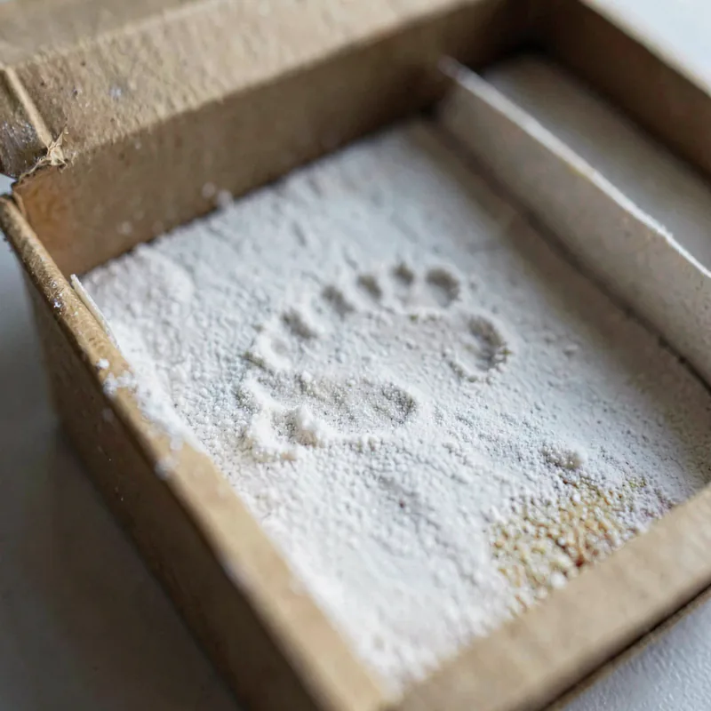 Macro detail of an open rosin box, its chalky surface pressed with a single shoe print