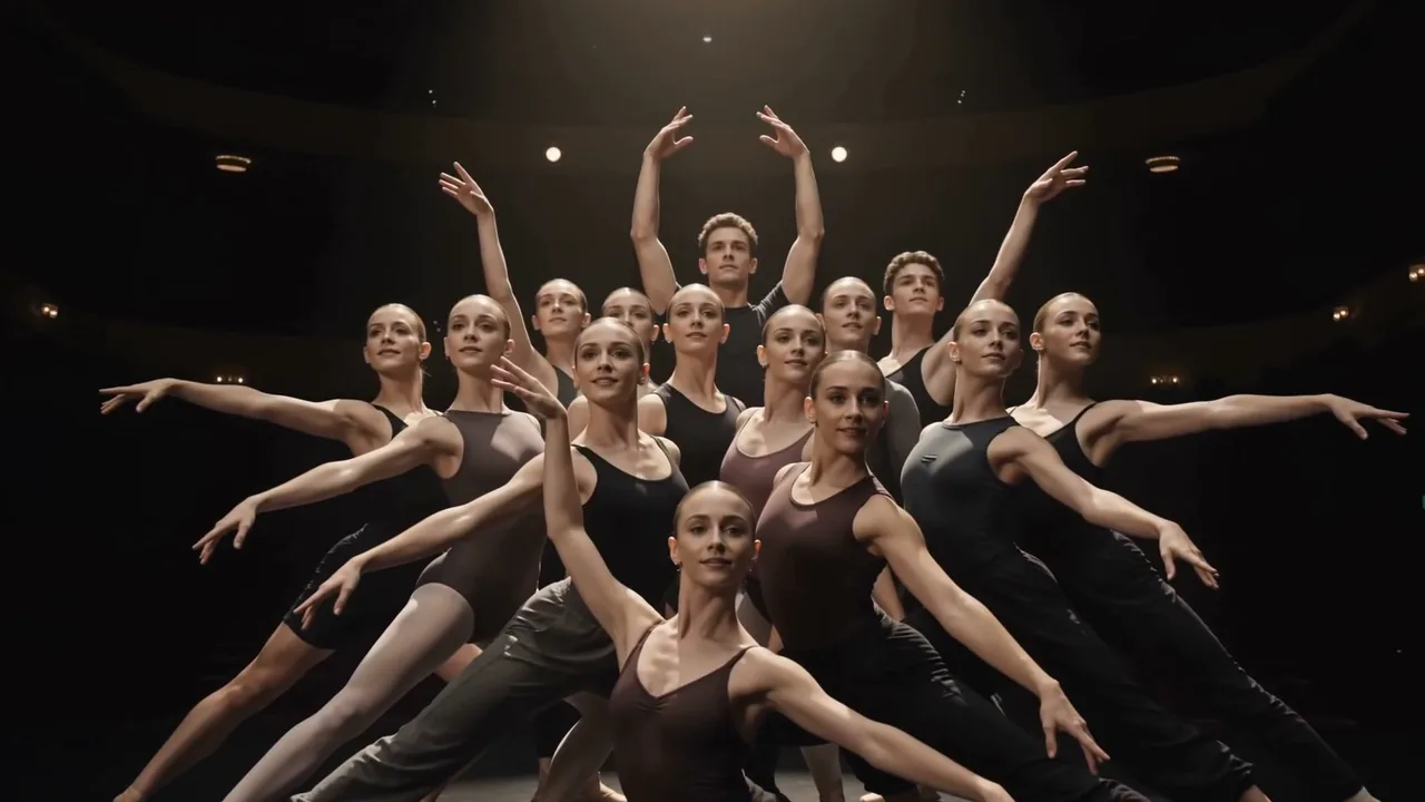 The company holding its final theatre pose under a single warm spotlight