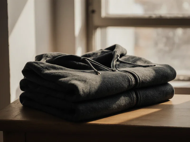 A folded charcoal grey zip hoodie stacked on a wooden bench beside a window