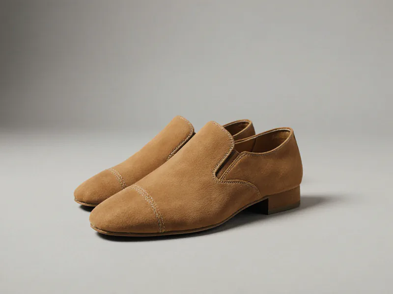 A pair of tan suede slip-on jazz shoes on a plain grey background
