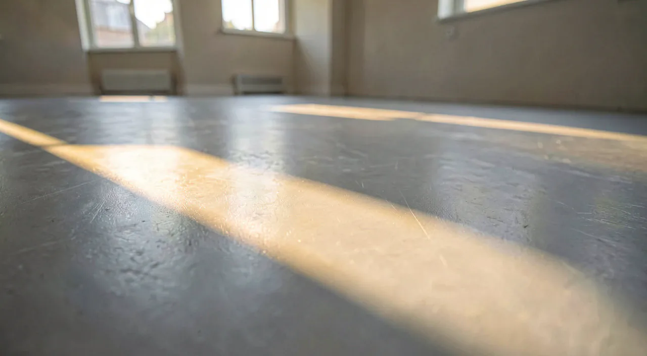 A low, close angle across the studio’s grey sprung floor, warm window light falling in stripes over it