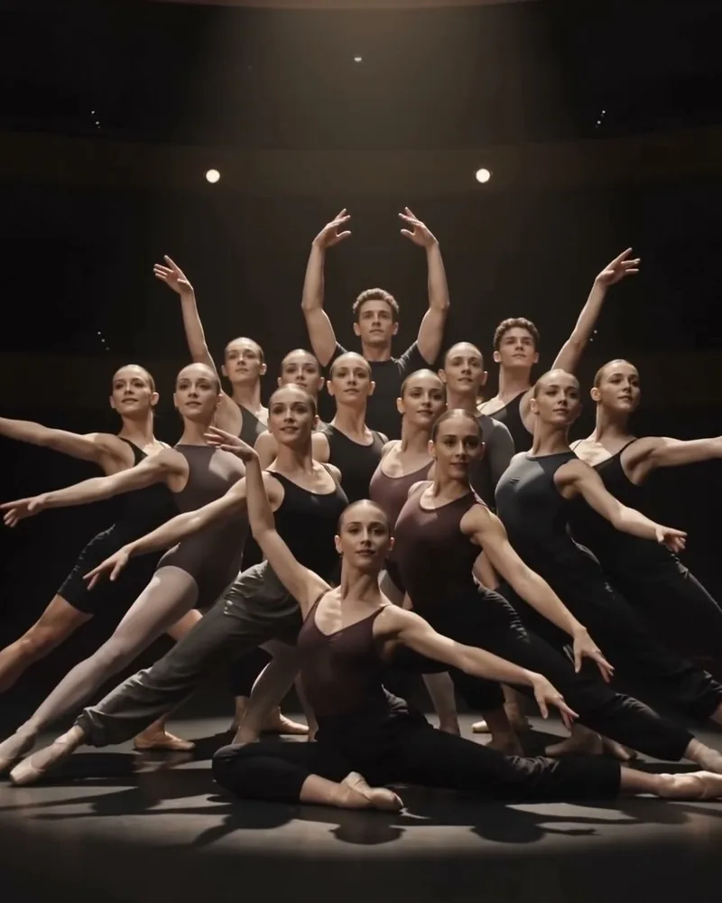 The full company under warm stage light in the closing ensemble pose, framed tall