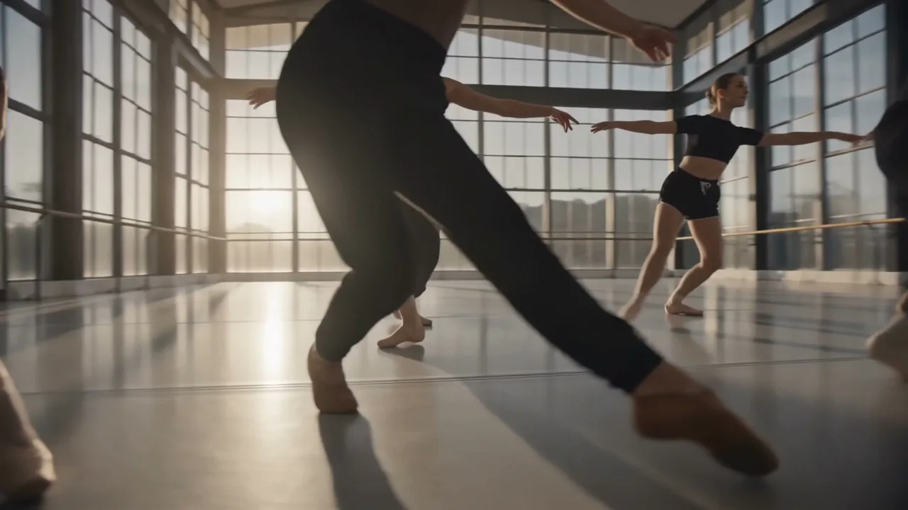 A contemporary dancer travelling low across the sprung floor mid-phrase