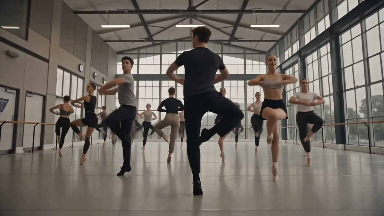 A jazz class turning together on count, wide across the studio floor